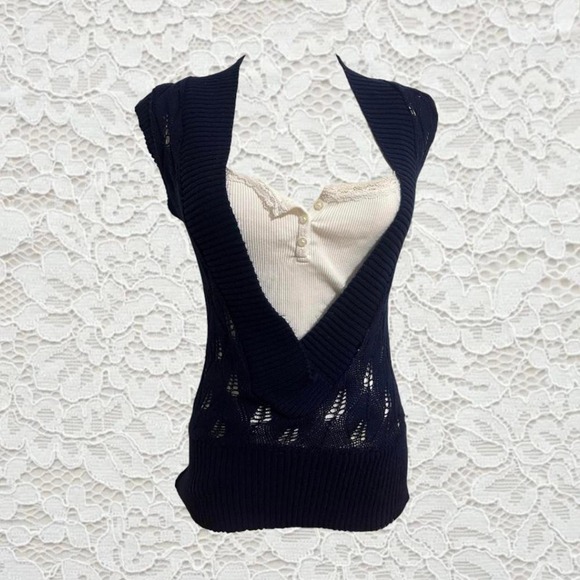 Charlotte Russe Tops - vintage navy blue open knit cardigan sleeveless top
